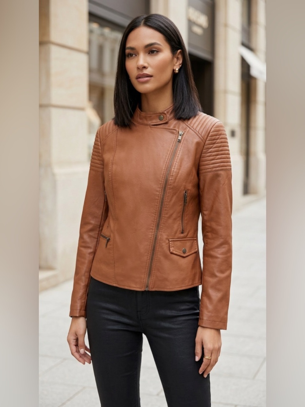 JustFab Cognac Faux Leather Moto Jacket Asym Zip Quilted Shoulder NWOT sz XL